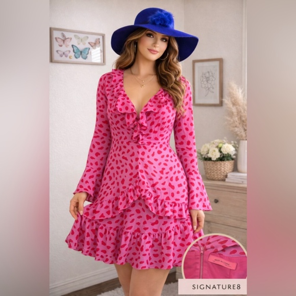 Signature 8 Pink Ruffle Mini Dress Polka Dot Long Sleeve L